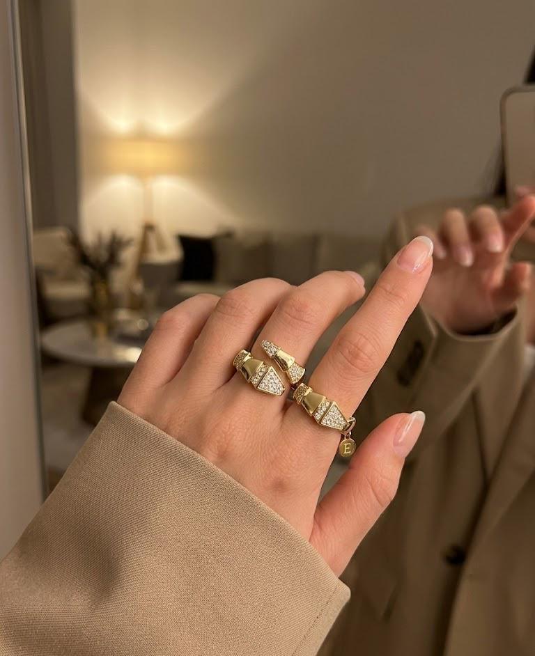 Adjustable Gold Statement Ring, Chunky Geometric Ring, White Zircon Pave Ring, Open Band Ring, Gift for Her, Minimal Luxury Jewelry Ring