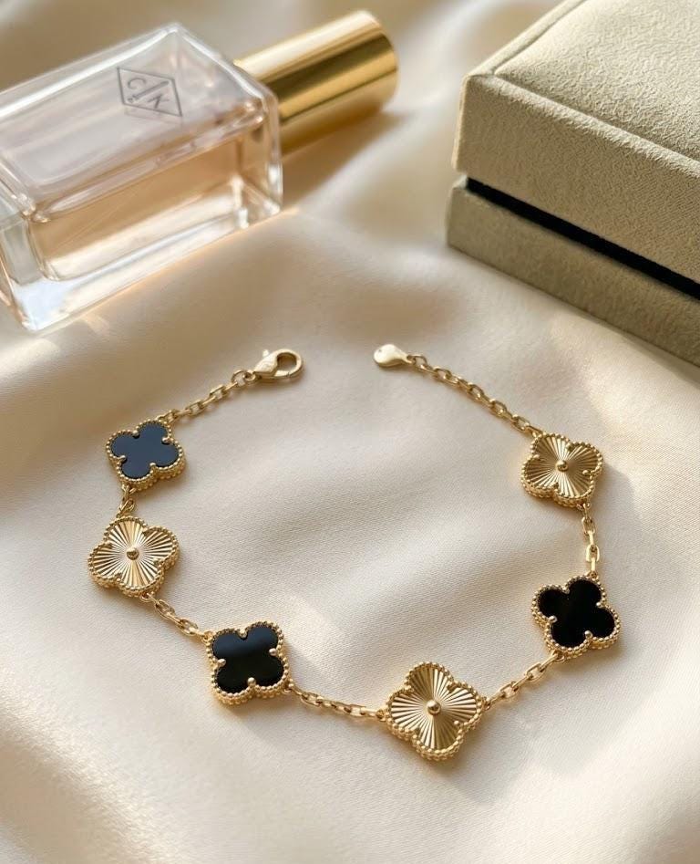 Black Clover Gold Bracelet, Luxury Alhambra Style Bracelet, Minimal Elegant Bracelet for Women, Gift for Her Jewelry