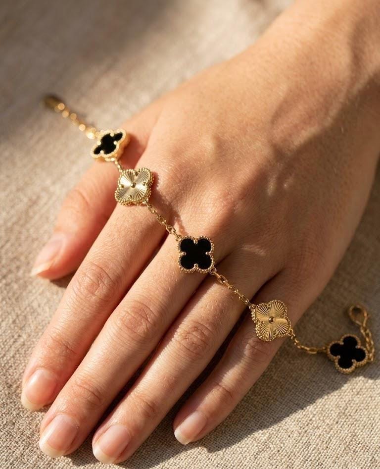 Black Clover Gold Bracelet, Luxury Alhambra Style Bracelet, Minimal Elegant Bracelet for Women, Gift for Her Jewelry