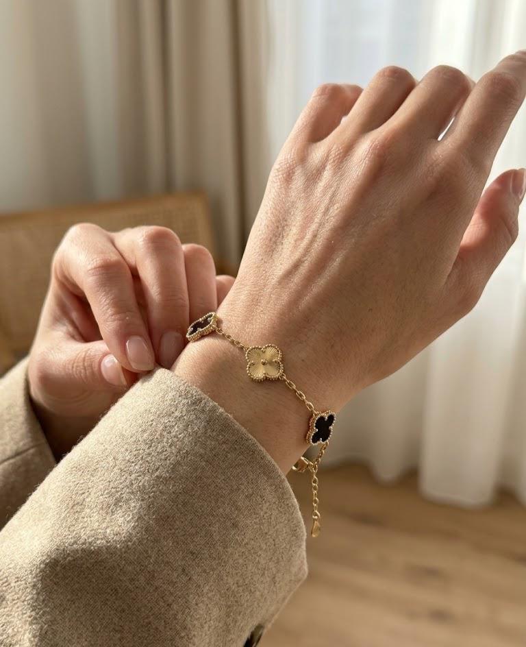 Black Clover Gold Bracelet, Luxury Alhambra Style Bracelet, Minimal Elegant Bracelet for Women, Gift for Her Jewelry
