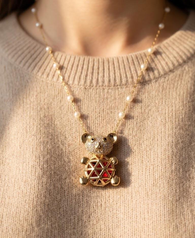 Cute Teddy Bear Pearl Necklace, Gold Bear Pendant Necklace, Kawaii Luxury Jewelry Gift for Women by Bonita Jewelry