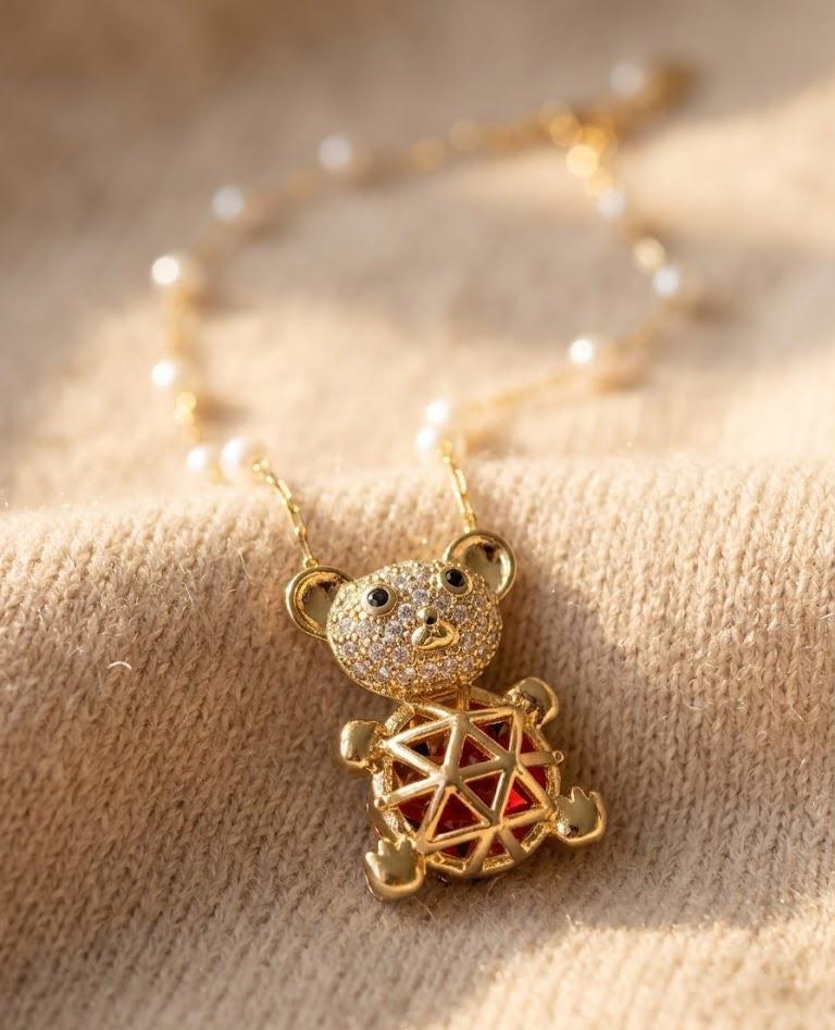 Cute Teddy Bear Pearl Necklace, Gold Bear Pendant Necklace, Kawaii Luxury Jewelry Gift for Women by Bonita Jewelry