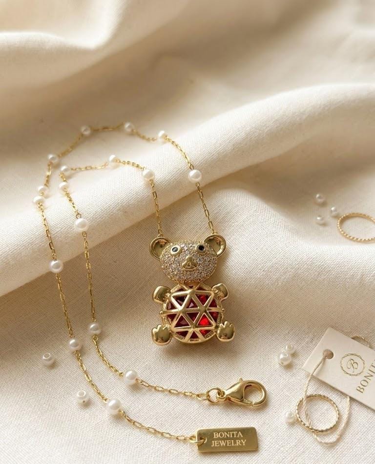 Cute Teddy Bear Pearl Necklace, Gold Bear Pendant Necklace, Kawaii Luxury Jewelry Gift for Women by Bonita Jewelry