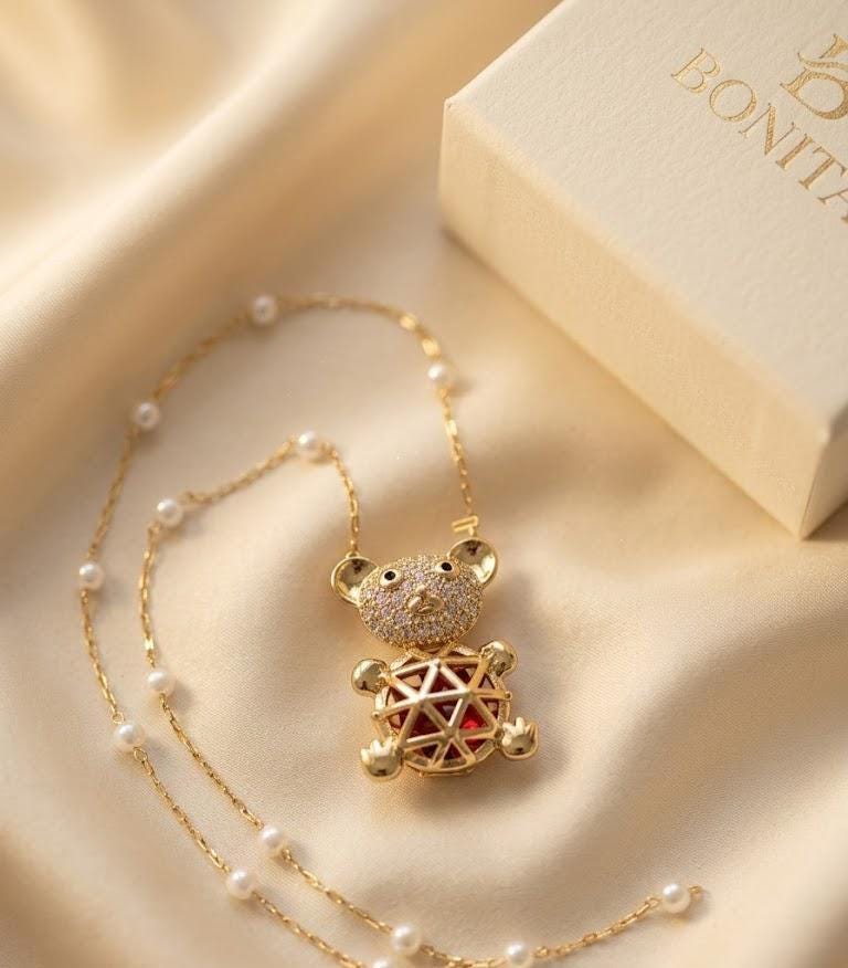 Cute Teddy Bear Pearl Necklace, Gold Bear Pendant Necklace, Kawaii Luxury Jewelry Gift for Women by Bonita Jewelry