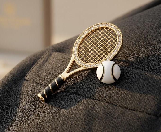 Gold Tennis Racket Brooch Pin Luxury Blazer Pin Tiny Tennis Lover Gift Quiet Luxury Lapel Accessory Women
