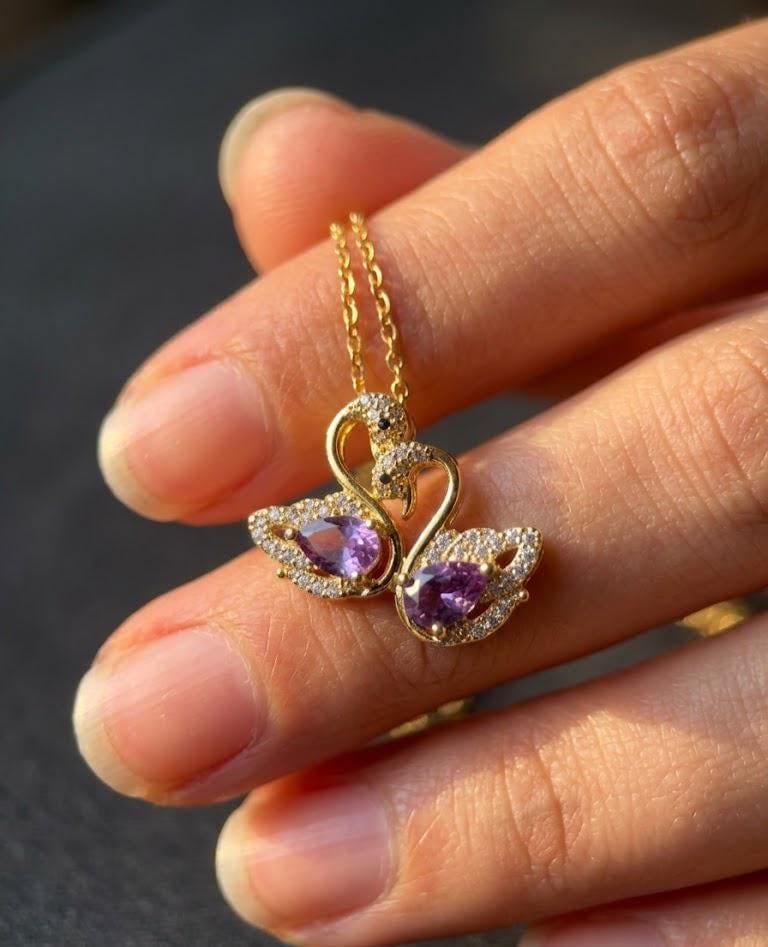 Gold Swan Necklace Purple Crystal Swan Pendant Dainty Bird Charm Necklace Elegant Gift for Women Bonita Jewelry