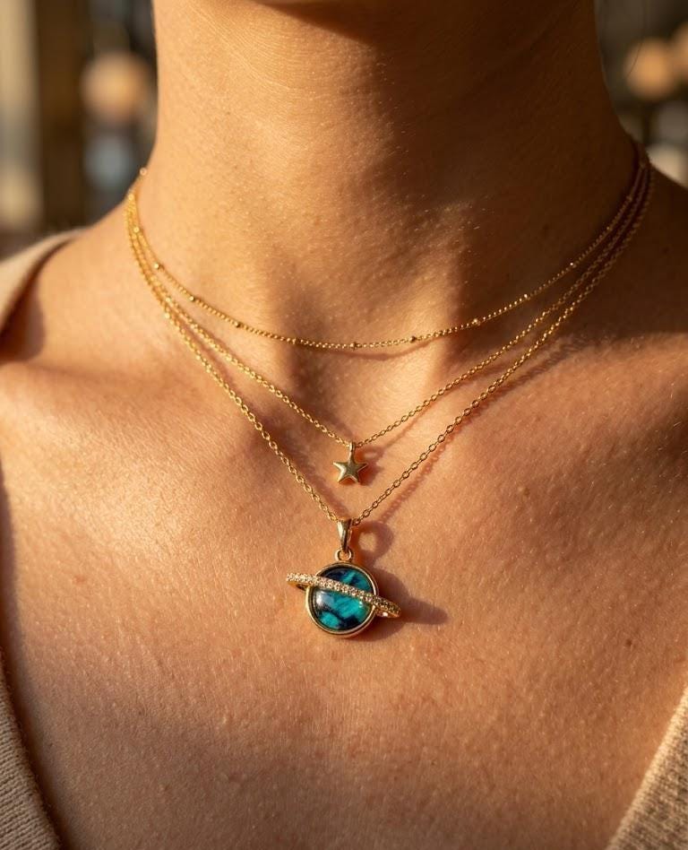 Tiny Blue Saturn Necklace Gold Celestial Planet Pendant Dark Navy Glass Stone Star Charm Gift for Her Bonita Jewelry