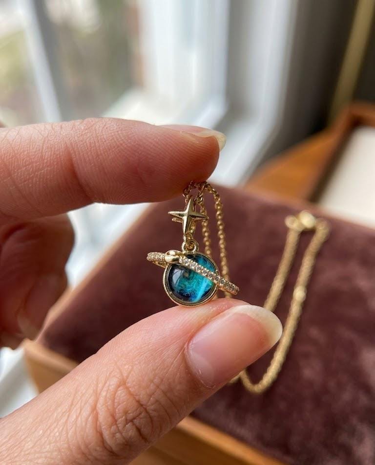 Tiny Blue Saturn Necklace Gold Celestial Planet Pendant Dark Navy Glass Stone Star Charm Gift for Her Bonita Jewelry