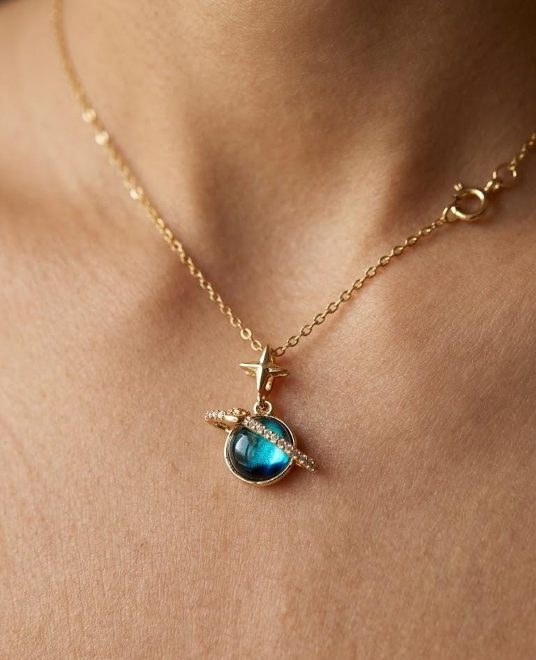 Tiny Blue Saturn Necklace Gold Celestial Planet Pendant Dark Navy Glass Stone Star Charm Gift for Her Bonita Jewelry