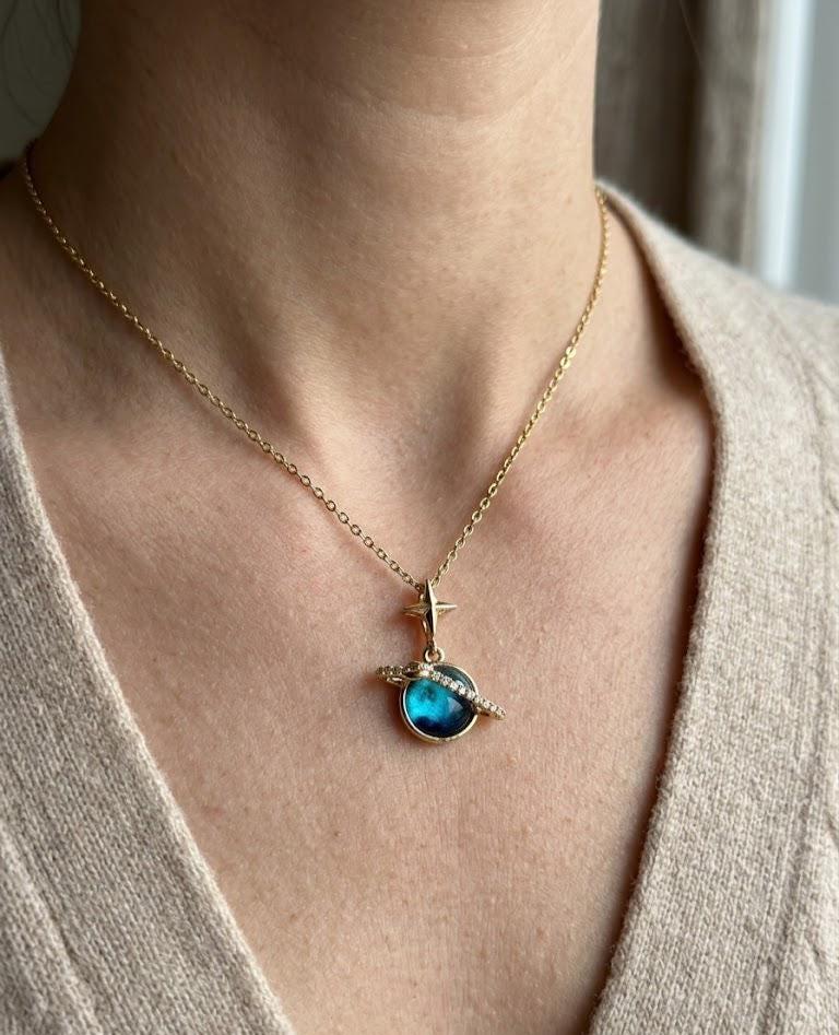 Tiny Blue Saturn Necklace Gold Celestial Planet Pendant Dark Navy Glass Stone Star Charm Gift for Her Bonita Jewelry