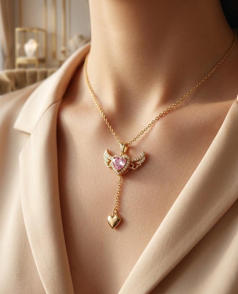 Gold Angel Wing Heart Necklace with Pink Crystal Pendant – Dainty Guardian Jewelry
