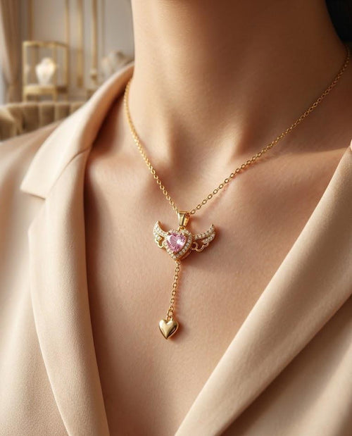 Gold Angel Wing Heart Necklace with Pink Crystal Pendant – Dainty Guardian Jewelry