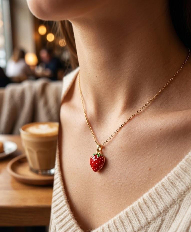 Tiny Strawberry Necklace Gold Enamel Fruit Pendant Dainty Red Berry Charm Coquette Jewelry Gift for Her Summer Necklace