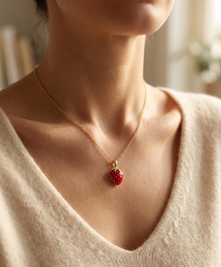 Tiny Strawberry Necklace Gold Enamel Fruit Pendant Dainty Red Berry Charm Coquette Jewelry Gift for Her Summer Necklace