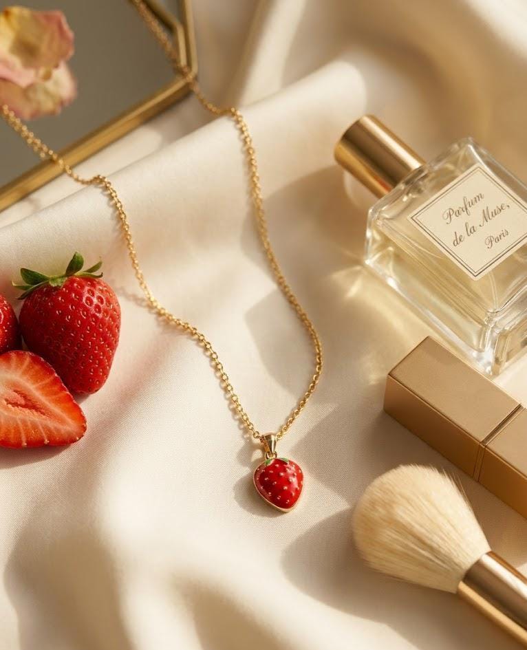 Tiny Strawberry Necklace Gold Enamel Fruit Pendant Dainty Red Berry Charm Coquette Jewelry Gift for Her Summer Necklace