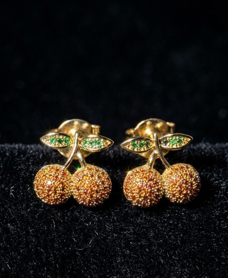 Tiny Cherry Stud Earrings Gold Crystal Fruit Earrings Dainty Orange Cherry Jewelry Coquette Gift for Her Summer Studs