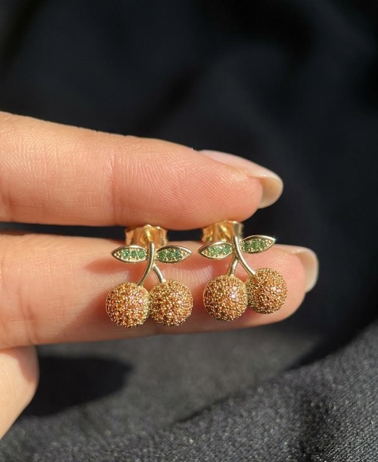 Tiny Cherry Stud Earrings Gold Crystal Fruit Earrings Dainty Orange Cherry Jewelry Coquette Gift for Her Summer Studs