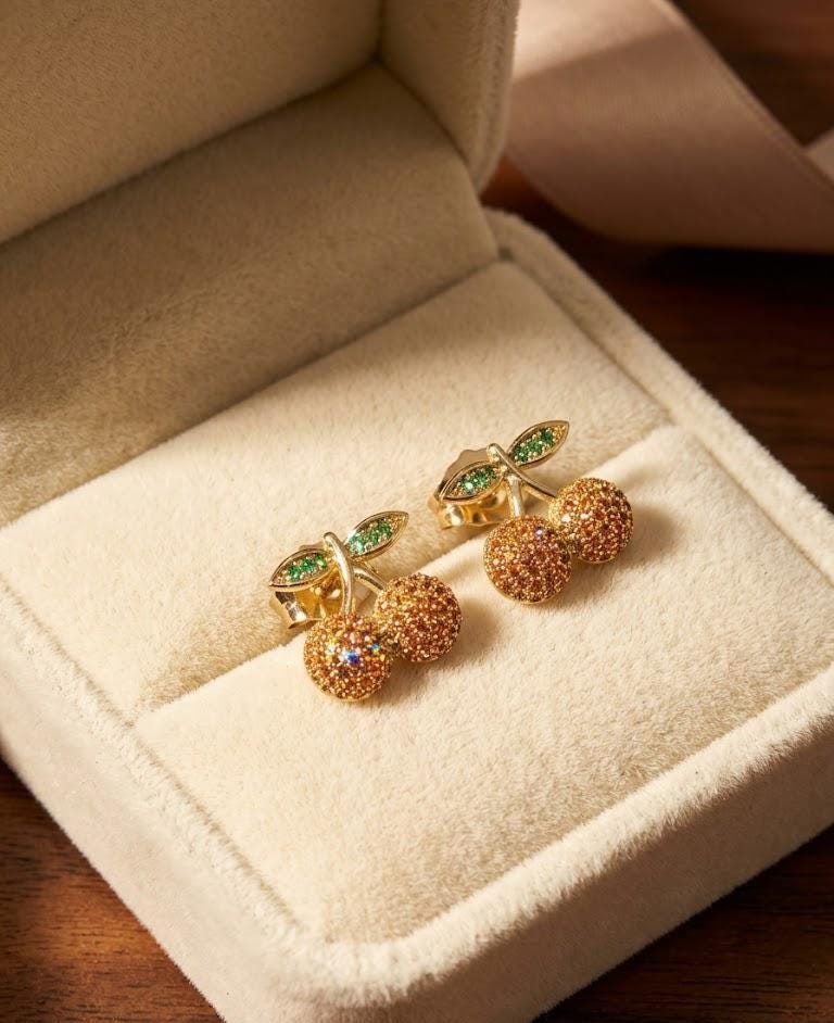 Tiny Cherry Stud Earrings Gold Crystal Fruit Earrings Dainty Orange Cherry Jewelry Coquette Gift for Her Summer Studs