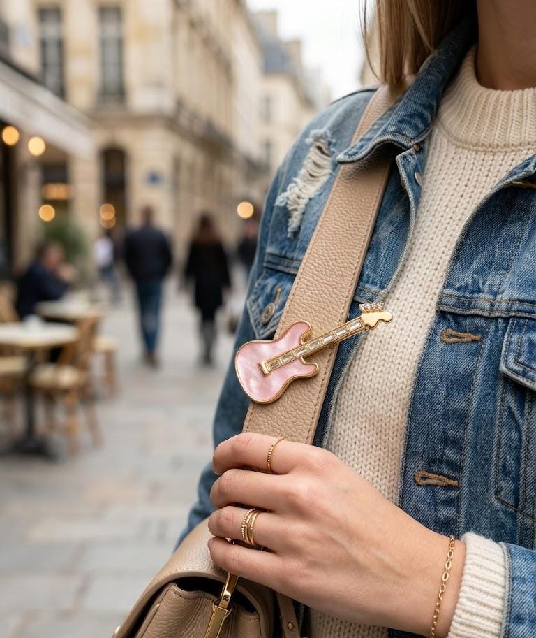 Pink Guitar Brooch Pin, Mother of Pearl Lapel Pin, Coquette Music Gift, Musician Jewelry, Rock Chic Blazer Pin