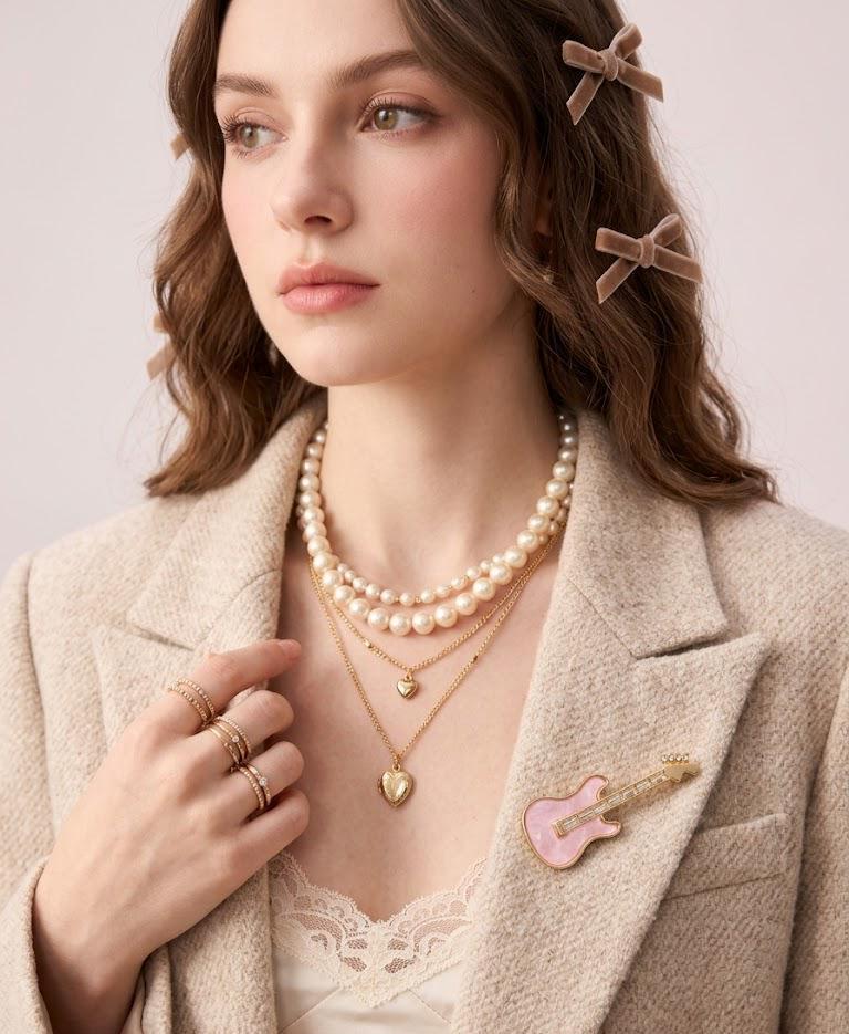 Pink Guitar Brooch Pin, Mother of Pearl Lapel Pin, Coquette Music Gift, Musician Jewelry, Rock Chic Blazer Pin