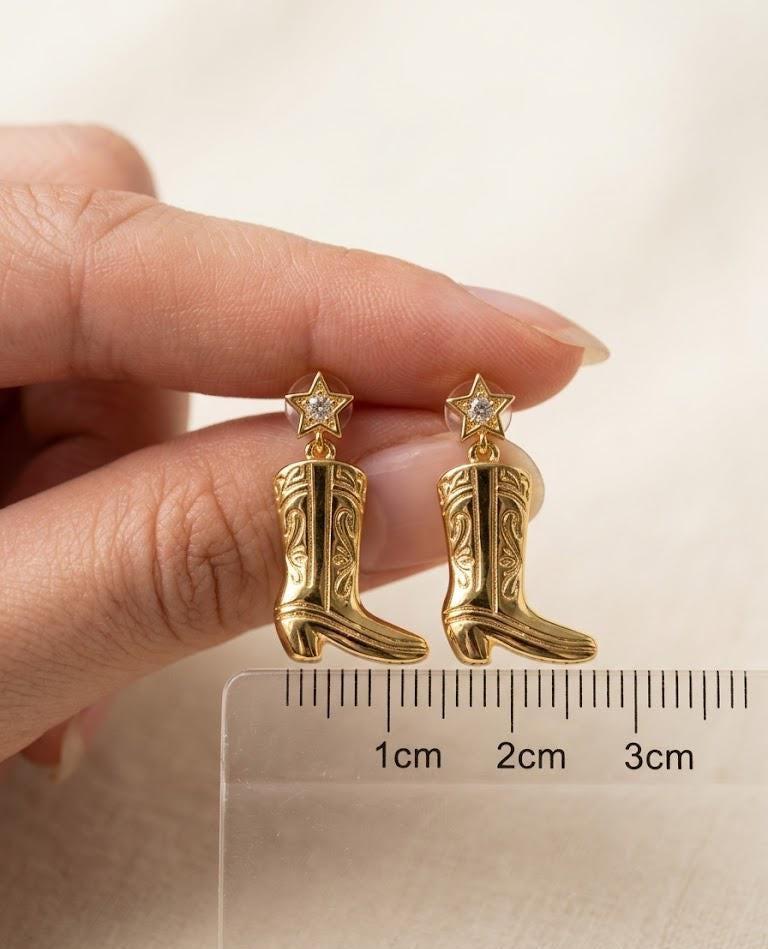 Gold Cowboy Boot Earrings, Western Star Dangle Earrings, Country Music Gift, Nashville Jewelry, Rodeo Earrings Gift for Her