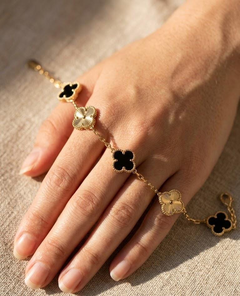 Black Clover Bracelet 18K Gold, Four Leaf Clover Charm Bracelet Women, Dainty Stack Bangle, Minimalist Jewelry Gift for Her