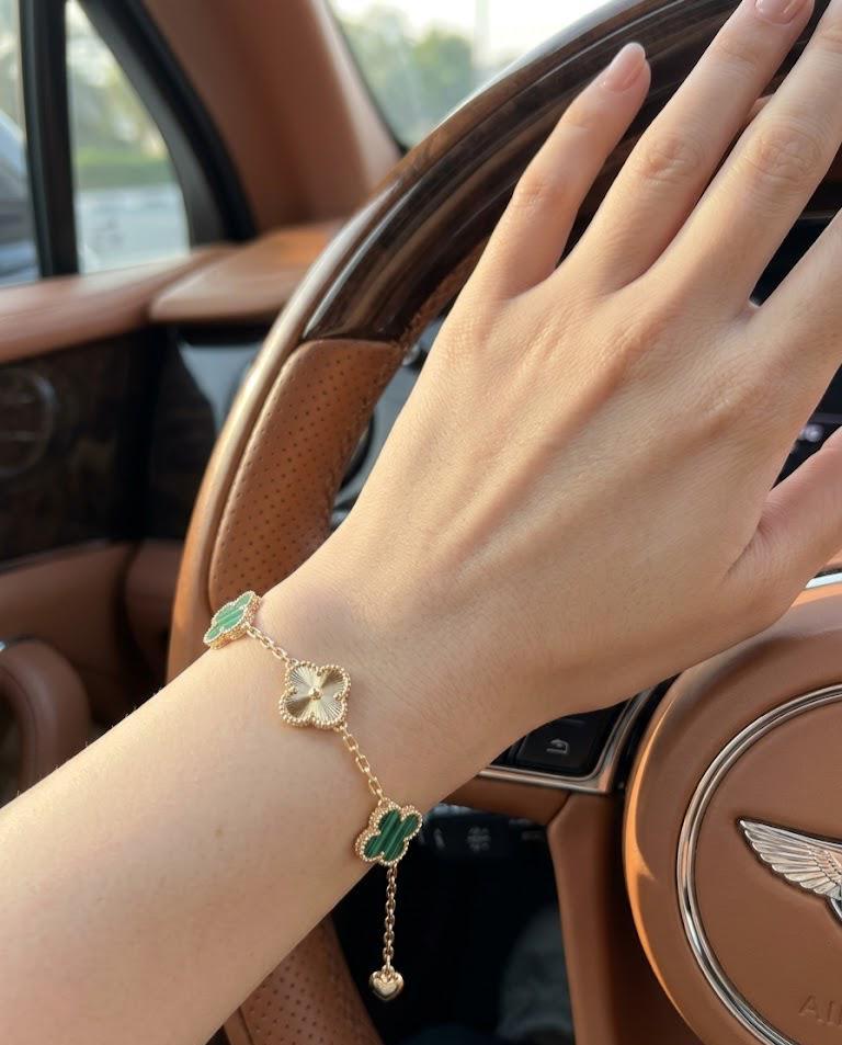 Green Malachite Clover Bracelet 18K Gold Plated | Lucky Four Leaf Charm | Dainty Adjustable Bracelet Gift for Her Birthday