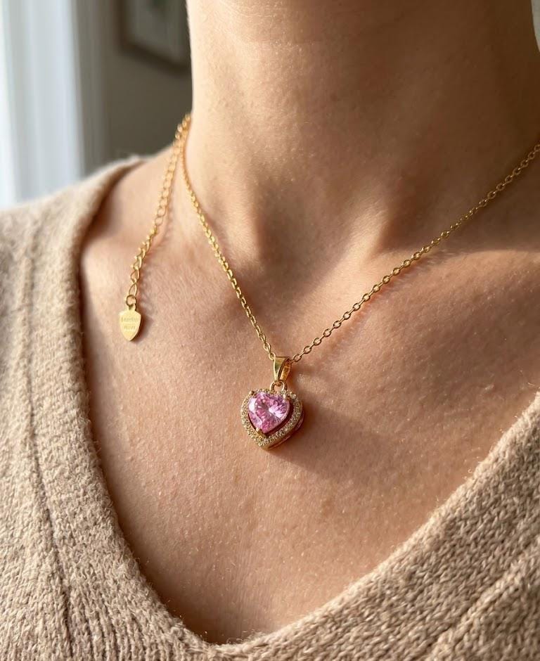 Pink Heart Necklace Gold Plated, Dainty CZ Heart Pendant, Romantic Love Necklace, Gift for Her, Birthday Valentine Jewelry