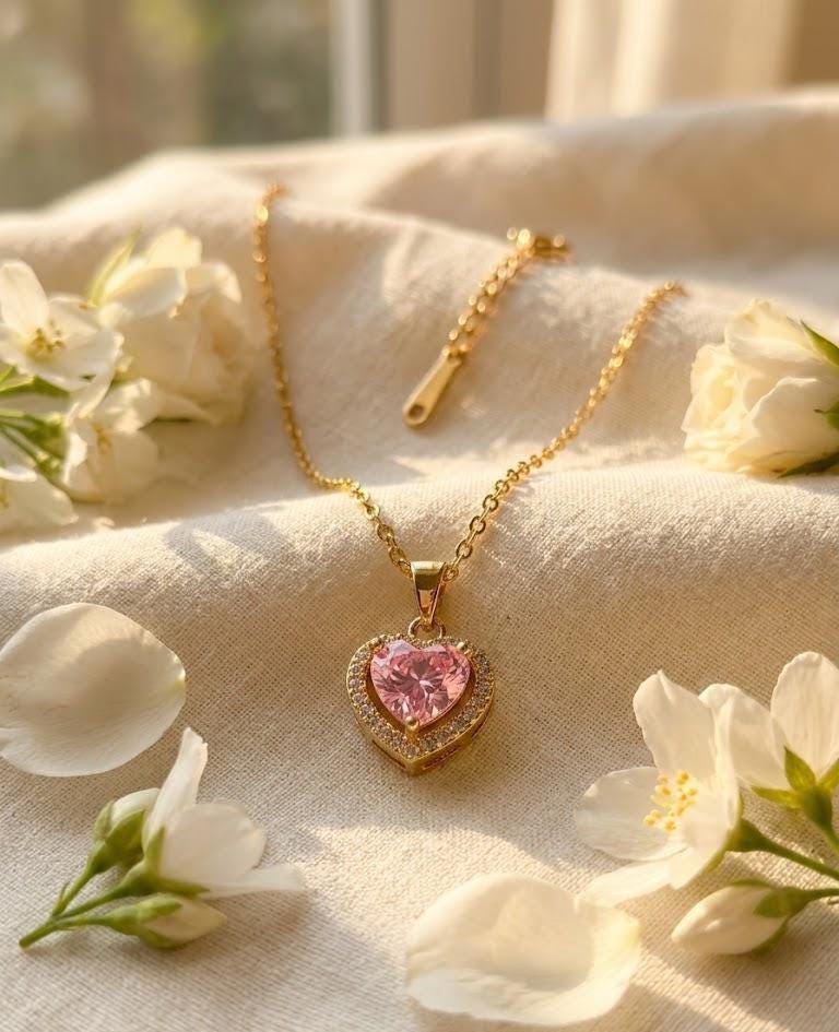 Pink Heart Necklace Gold Plated, Dainty CZ Heart Pendant, Romantic Love Necklace, Gift for Her, Birthday Valentine Jewelry