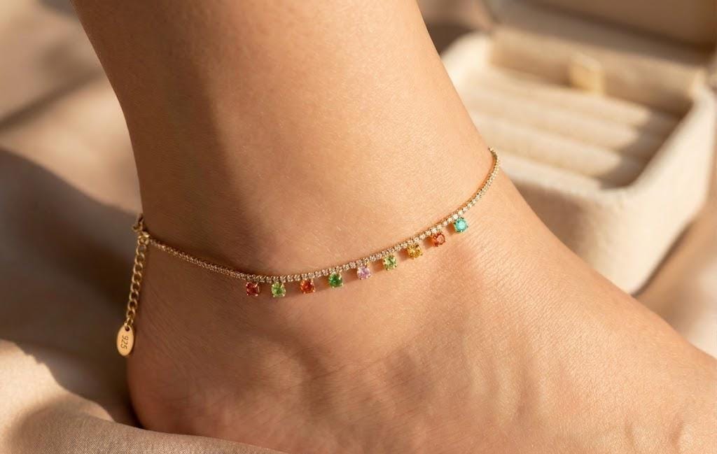 Colorful Gold Anklet Bracelet, Minimalist Rainbow Zircon Anklet, Dainty Beach Jewelry, Summer Anklet for Women, Vacation Jewelry Gift