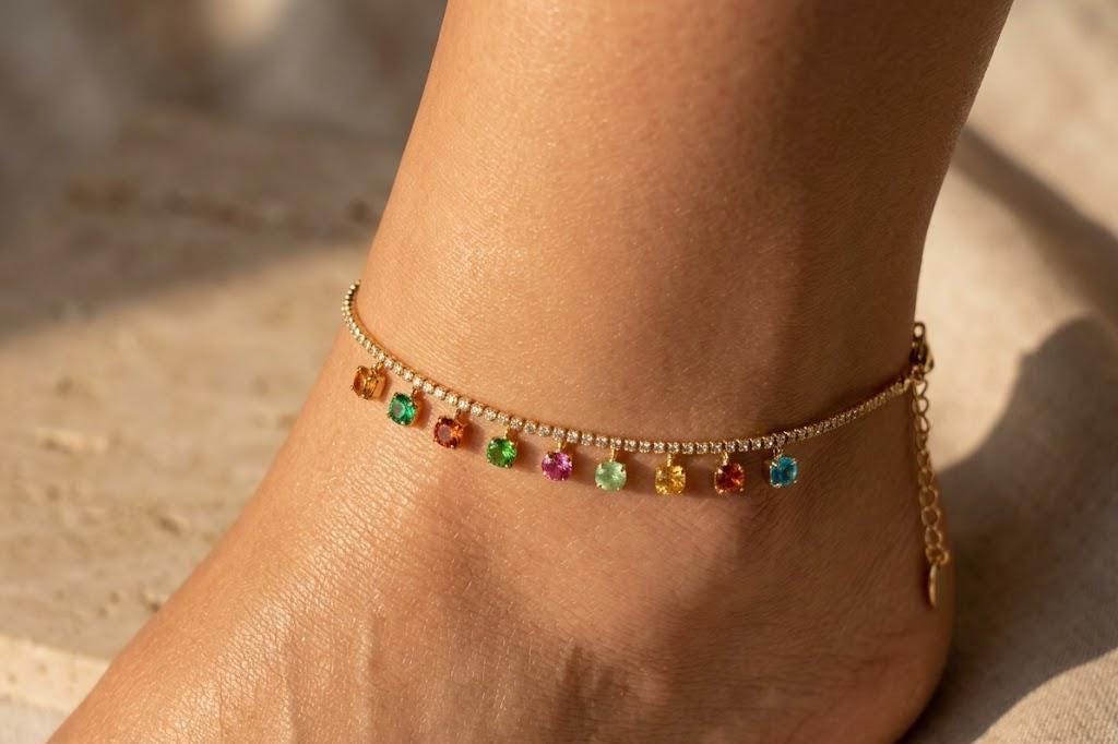 Colorful Gold Anklet Bracelet, Minimalist Rainbow Zircon Anklet, Dainty Beach Jewelry, Summer Anklet for Women, Vacation Jewelry Gift