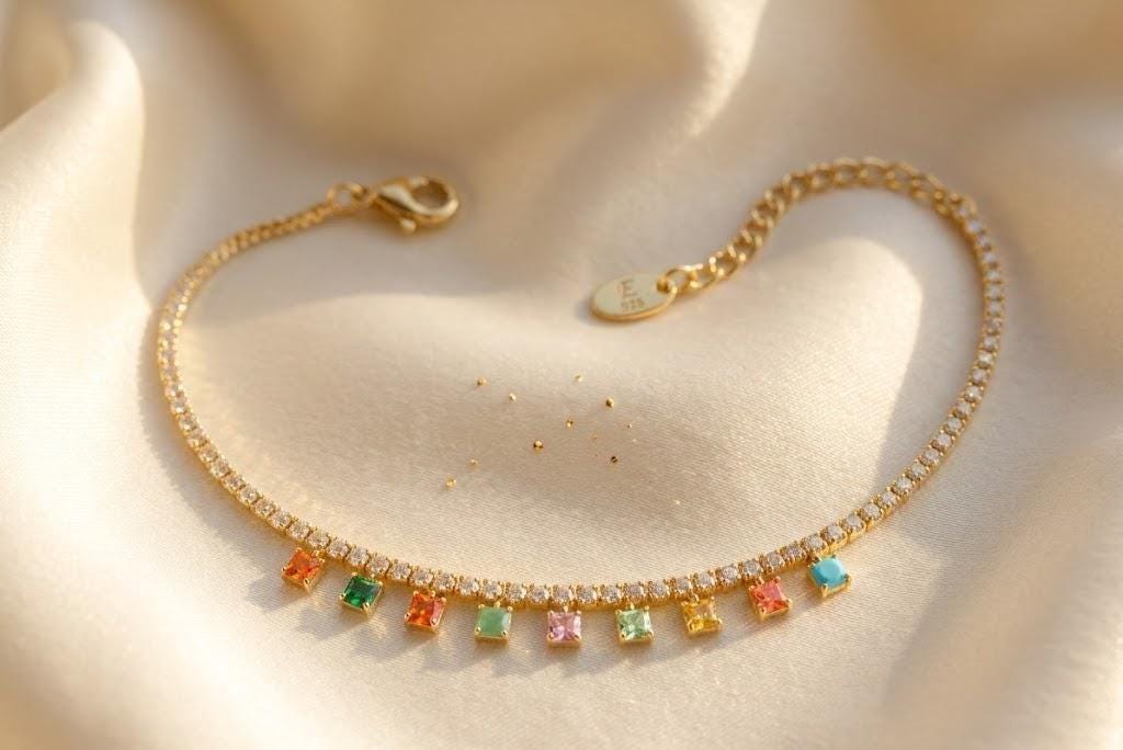 Colorful Gold Anklet Bracelet, Minimalist Rainbow Zircon Anklet, Dainty Beach Jewelry, Summer Anklet for Women, Vacation Jewelry Gift