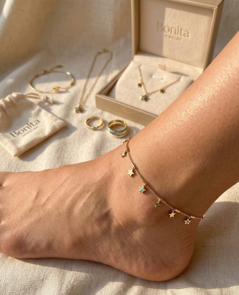 Luxury Gold Star Anklet, Turquoise Enamel Anklet, Dainty Beach Anklet, Minimal Gold Anklet, Summer Jewelry, Cute Star Charm Anklet
