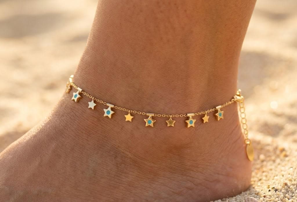 Luxury Gold Star Anklet, Turquoise Enamel Anklet, Dainty Beach Anklet, Minimal Gold Anklet, Summer Jewelry, Cute Star Charm Anklet