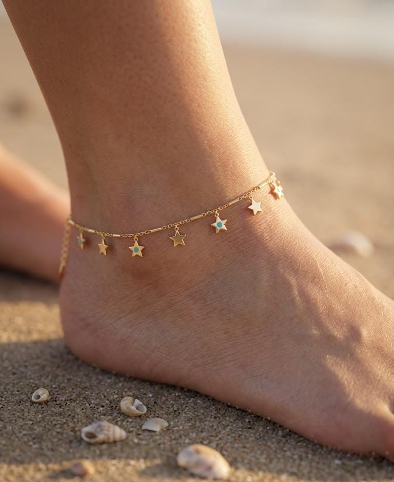 Luxury Gold Star Anklet, Turquoise Enamel Anklet, Dainty Beach Anklet, Minimal Gold Anklet, Summer Jewelry, Cute Star Charm Anklet