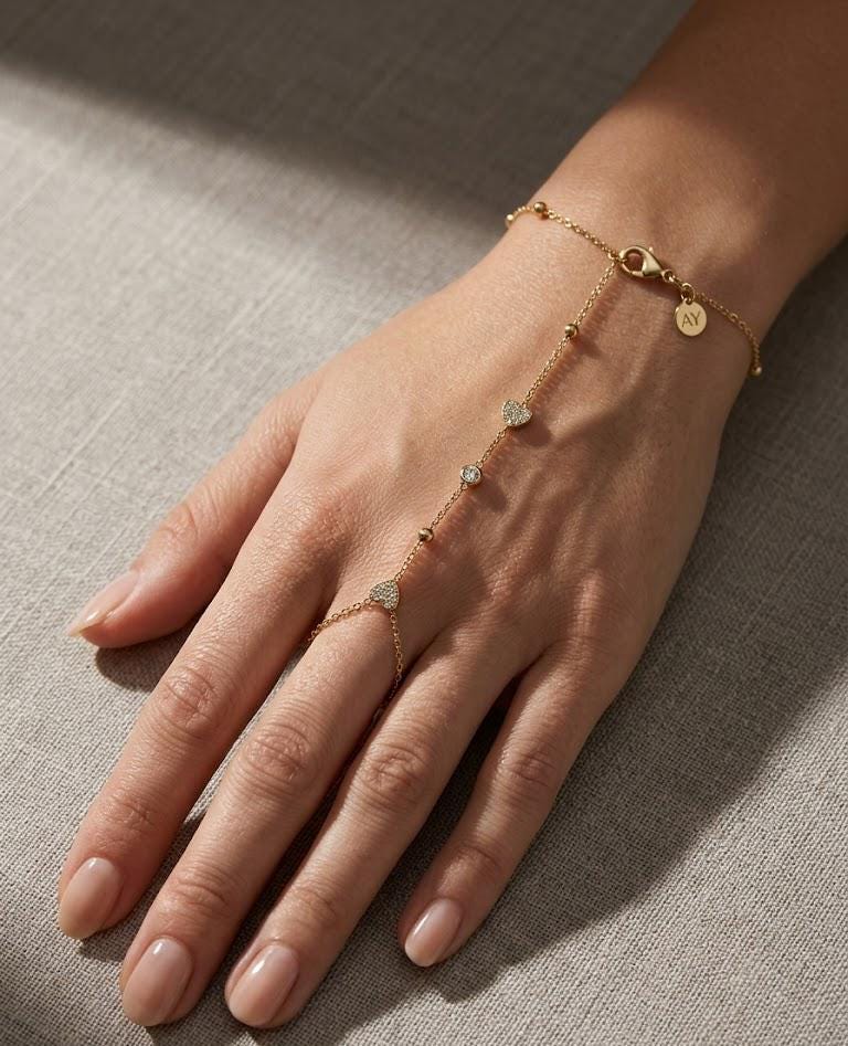 Gold Heart Shahmaran Bracelet, Dainty Hand Chain Bracelet, Minimalist Finger Bracelet, Gold Slave Bracelet, Delicate Zircon Hand Jewelry