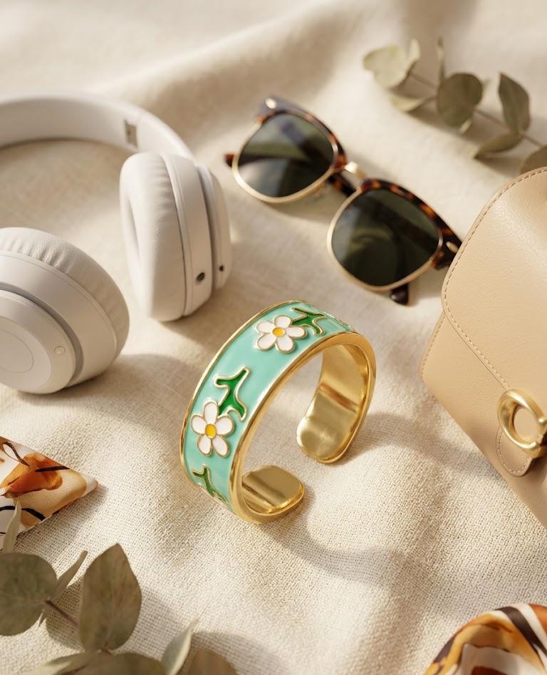 Turquoise Daisy Ring Adjustable Gold Enamel Flower Ring Cottagecore Jewelry Cute Aesthetic Gift for Women