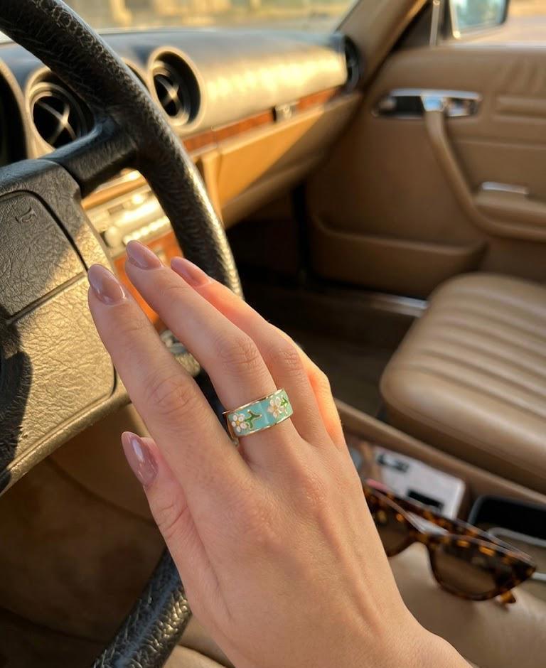 Turquoise Daisy Ring Adjustable Gold Enamel Flower Ring Cottagecore Jewelry Cute Aesthetic Gift for Women