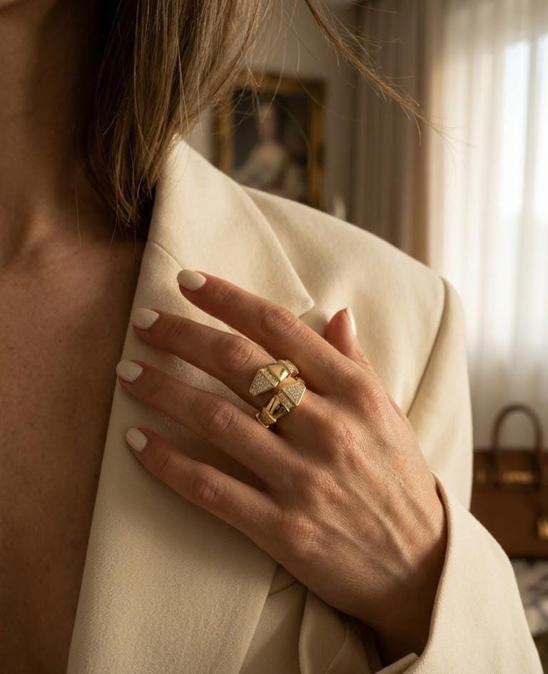 Adjustable Gold Statement Ring, Chunky Geometric Ring, White Zircon Pave Ring, Open Band Ring, Gift for Her, Minimal Luxury Jewelry Ring