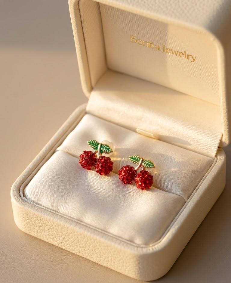 Cherry Stud Earrings Red Crystal Cute Fruit Earrings Gold Tiny Cherry Earrings Gift for Her Bonita Jewelry Aesthetic Jewelry