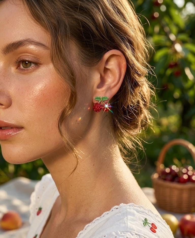 Cherry Stud Earrings Red Crystal Cute Fruit Earrings Gold Tiny Cherry Earrings Gift for Her Bonita Jewelry Aesthetic Jewelry