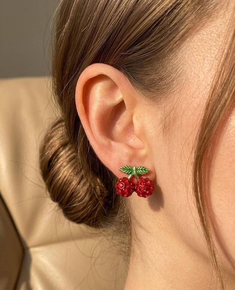 Cherry Stud Earrings Red Crystal Cute Fruit Earrings Gold Tiny Cherry Earrings Gift for Her Bonita Jewelry Aesthetic Jewelry