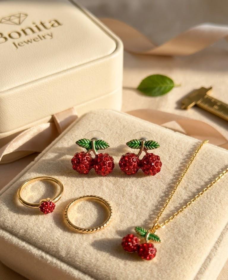 Cherry Stud Earrings Red Crystal Cute Fruit Earrings Gold Tiny Cherry Earrings Gift for Her Bonita Jewelry Aesthetic Jewelry