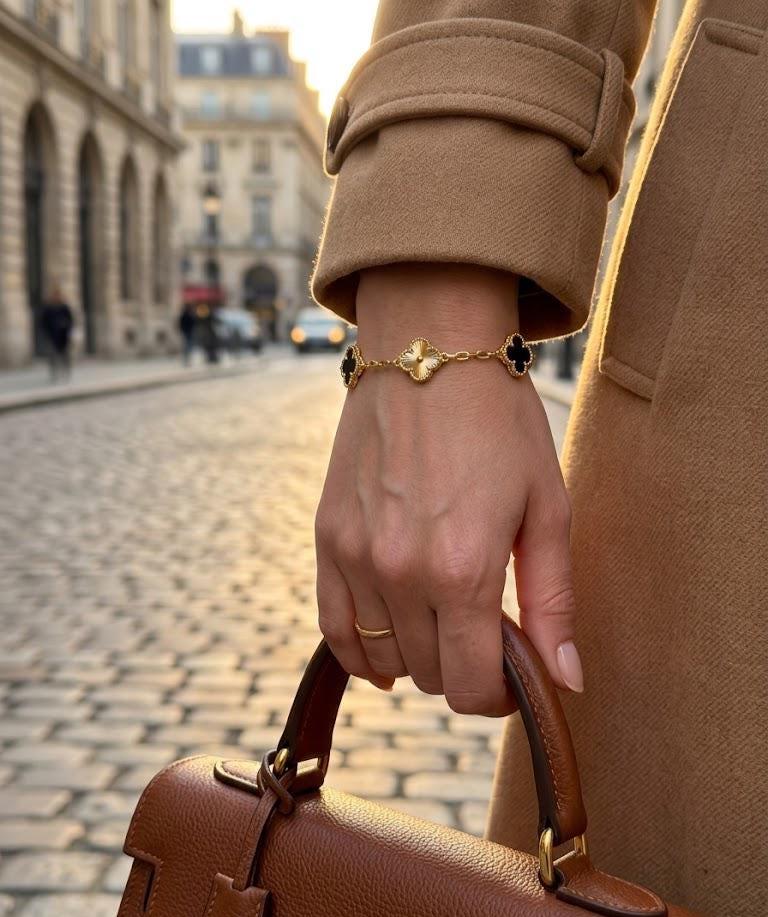 Black Clover Gold Bracelet, Luxury Alhambra Style Bracelet, Minimal Elegant Bracelet for Women, Gift for Her Jewelry