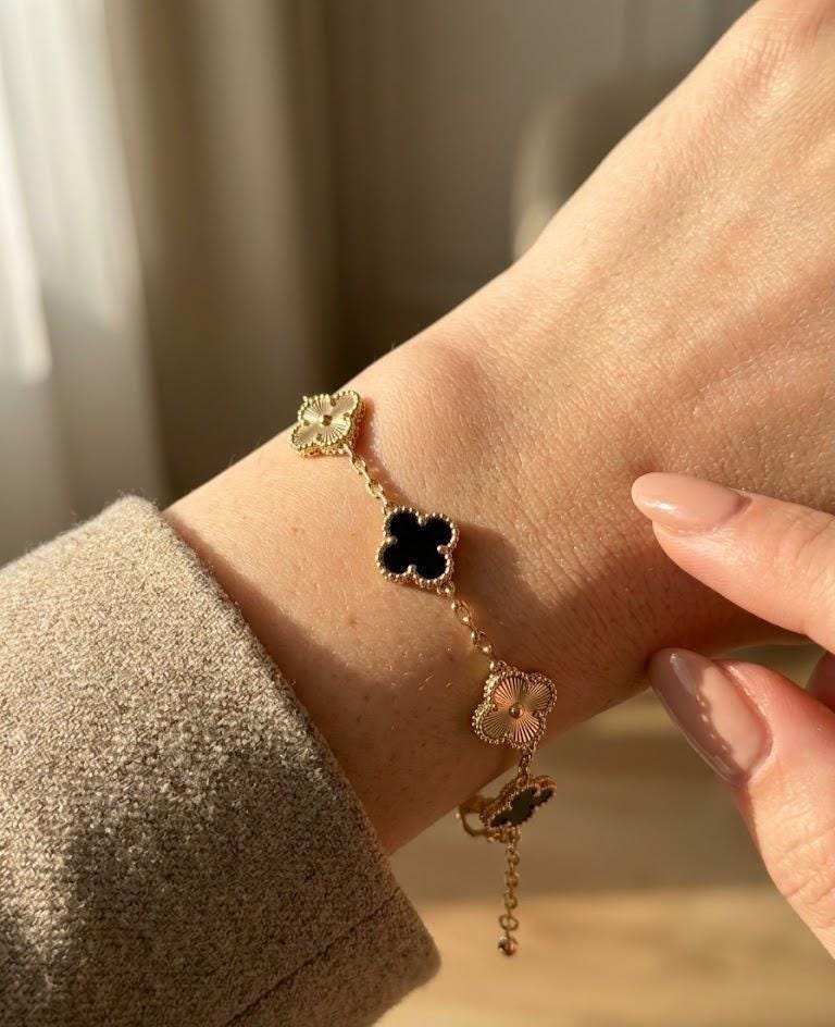 Black Clover Gold Bracelet, Luxury Alhambra Style Bracelet, Minimal Elegant Bracelet for Women, Gift for Her Jewelry