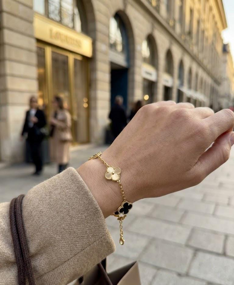 Black Clover Gold Bracelet, Luxury Alhambra Style Bracelet, Minimal Elegant Bracelet for Women, Gift for Her Jewelry