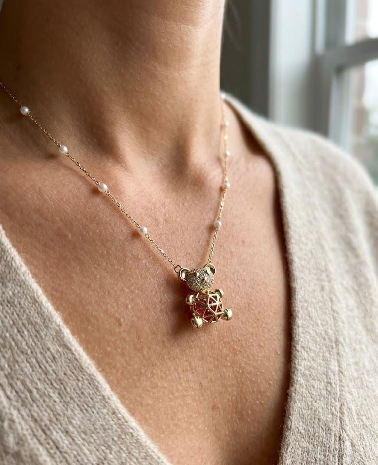 Cute Teddy Bear Pearl Necklace, Gold Bear Pendant Necklace, Kawaii Luxury Jewelry Gift for Women by Bonita Jewelry