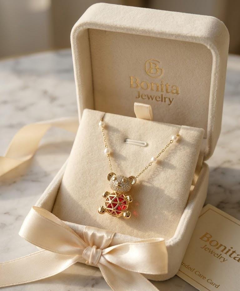 Cute Teddy Bear Pearl Necklace, Gold Bear Pendant Necklace, Kawaii Luxury Jewelry Gift for Women by Bonita Jewelry