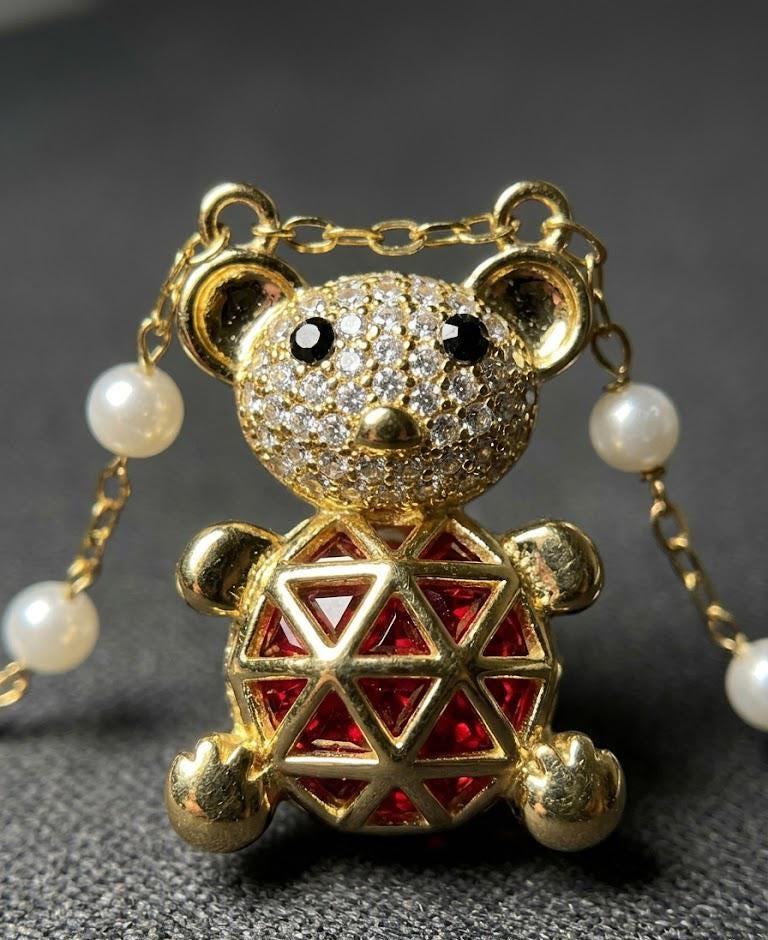 Cute Teddy Bear Pearl Necklace, Gold Bear Pendant Necklace, Kawaii Luxury Jewelry Gift for Women by Bonita Jewelry