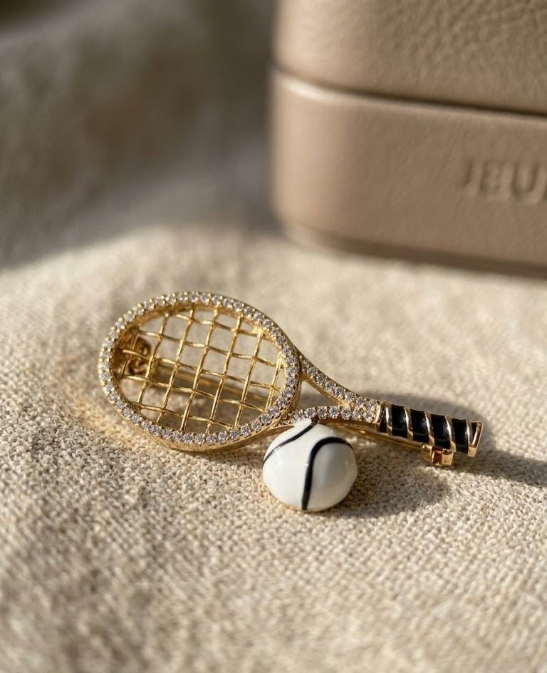 Gold Tennis Racket Brooch Pin Luxury Blazer Pin Tiny Tennis Lover Gift Quiet Luxury Lapel Accessory Women